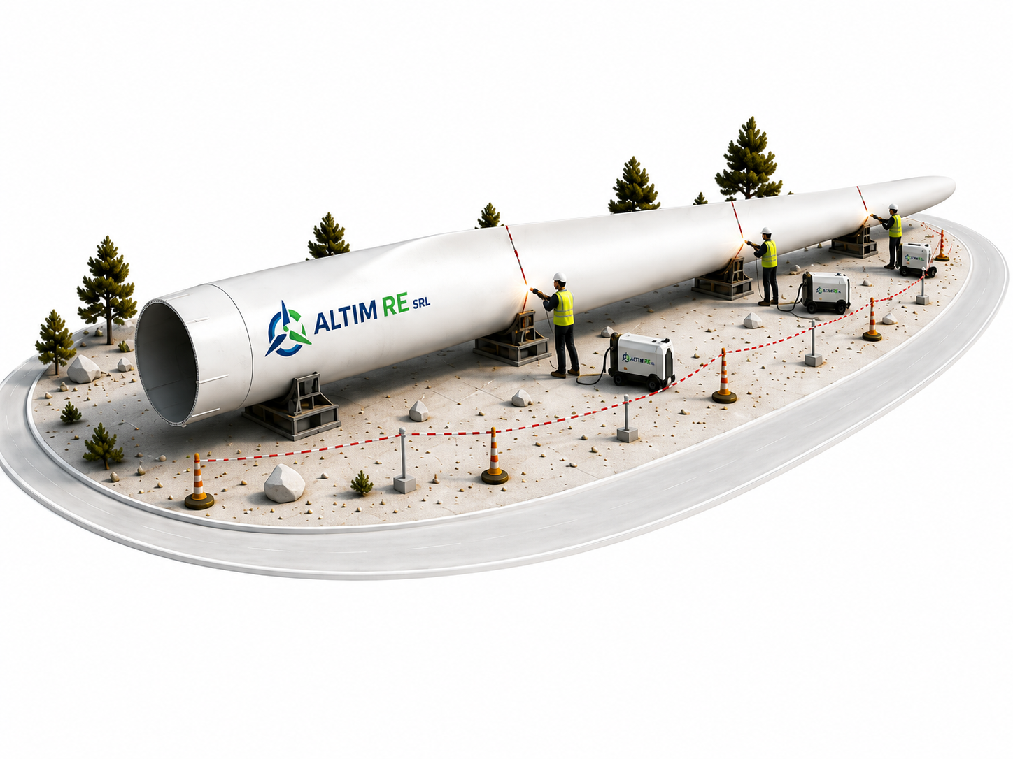 On-site wind turbine blade cutting scene