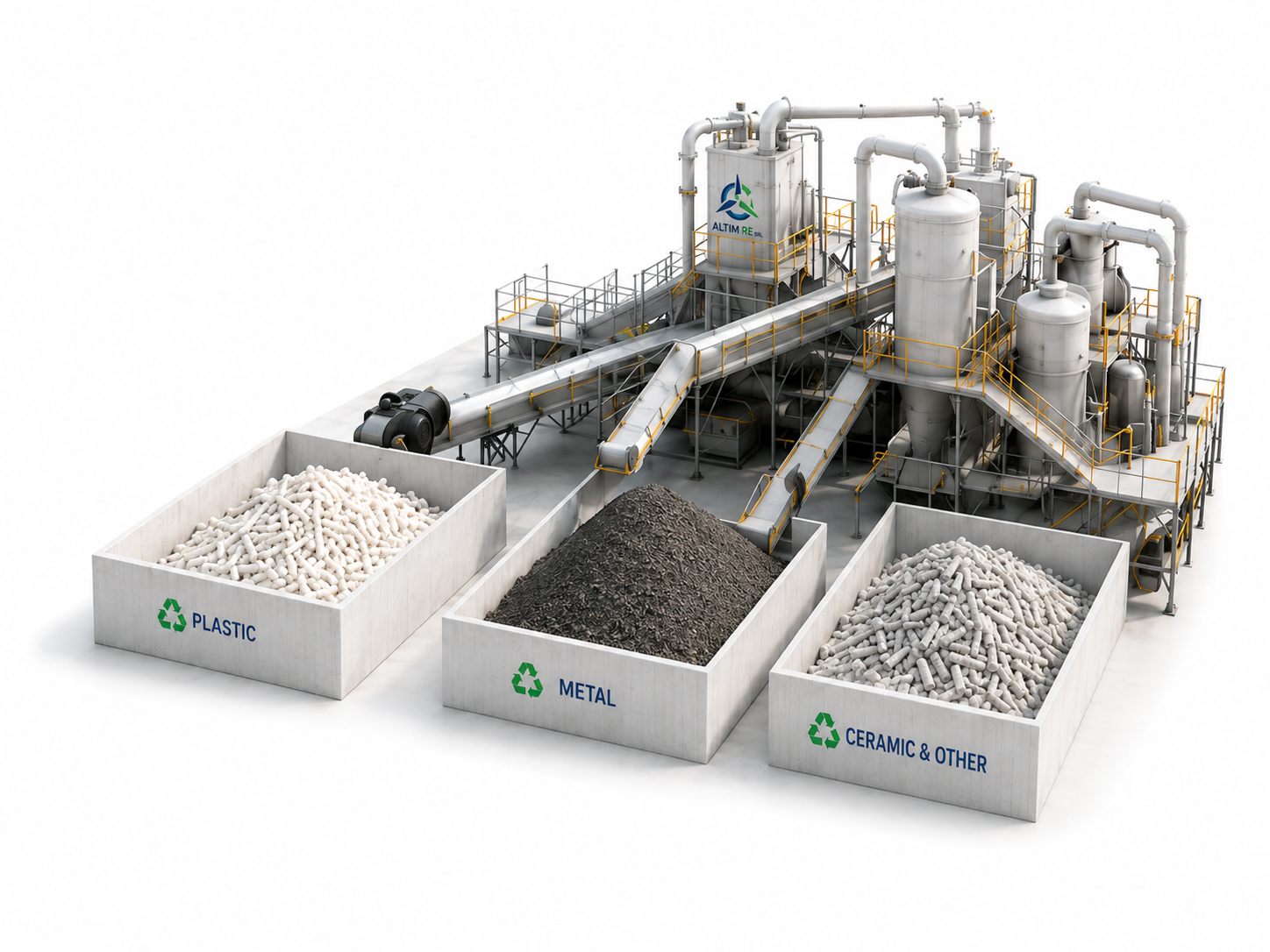 Material separation plant with fiberglass carbon fiber and steel bins